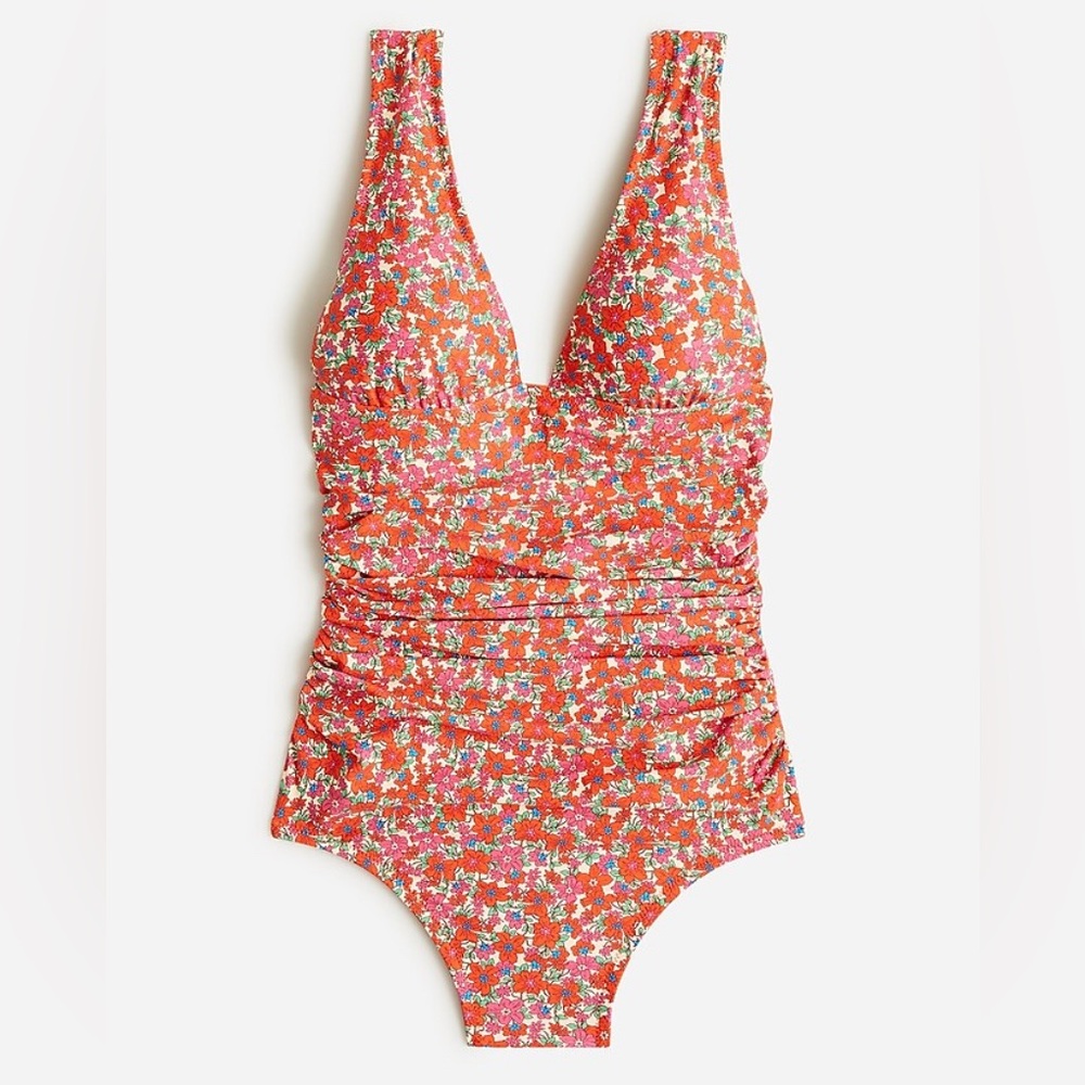 J. Crew Ruched V-Neck One-Piece Swimsuit in Brilliant Blooms Size 10